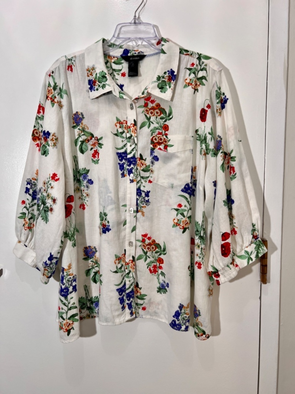 Ali Miles FloralPrint Point Collar Elbow Baloon Sleeve Button down Plus Size 2X
